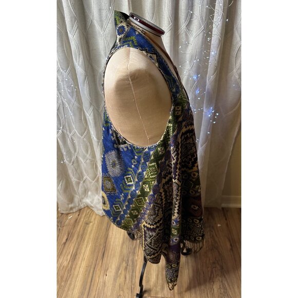 Artsy Aztec Tapestry Long Vest Fringe & Tassels Boho Coastal Cowgirl Hippie  O/S - Picture 3 of 11
